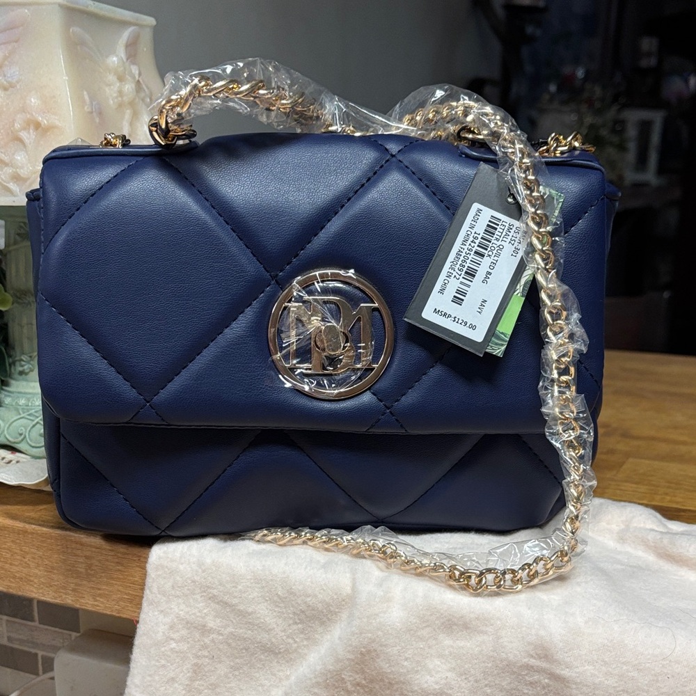Badgley Mischka Quilted Navy Shoulder Bag with Gold Chain